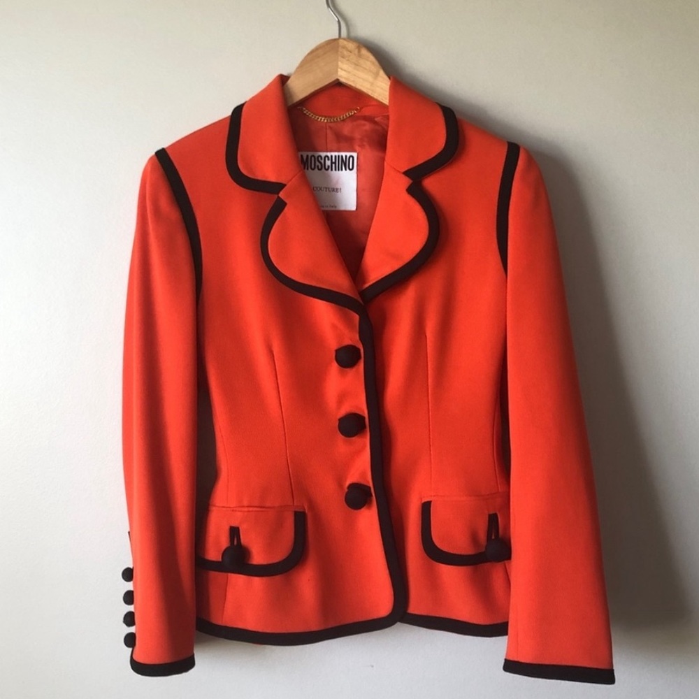 Moschino orange skirt suit with black trim, size 4